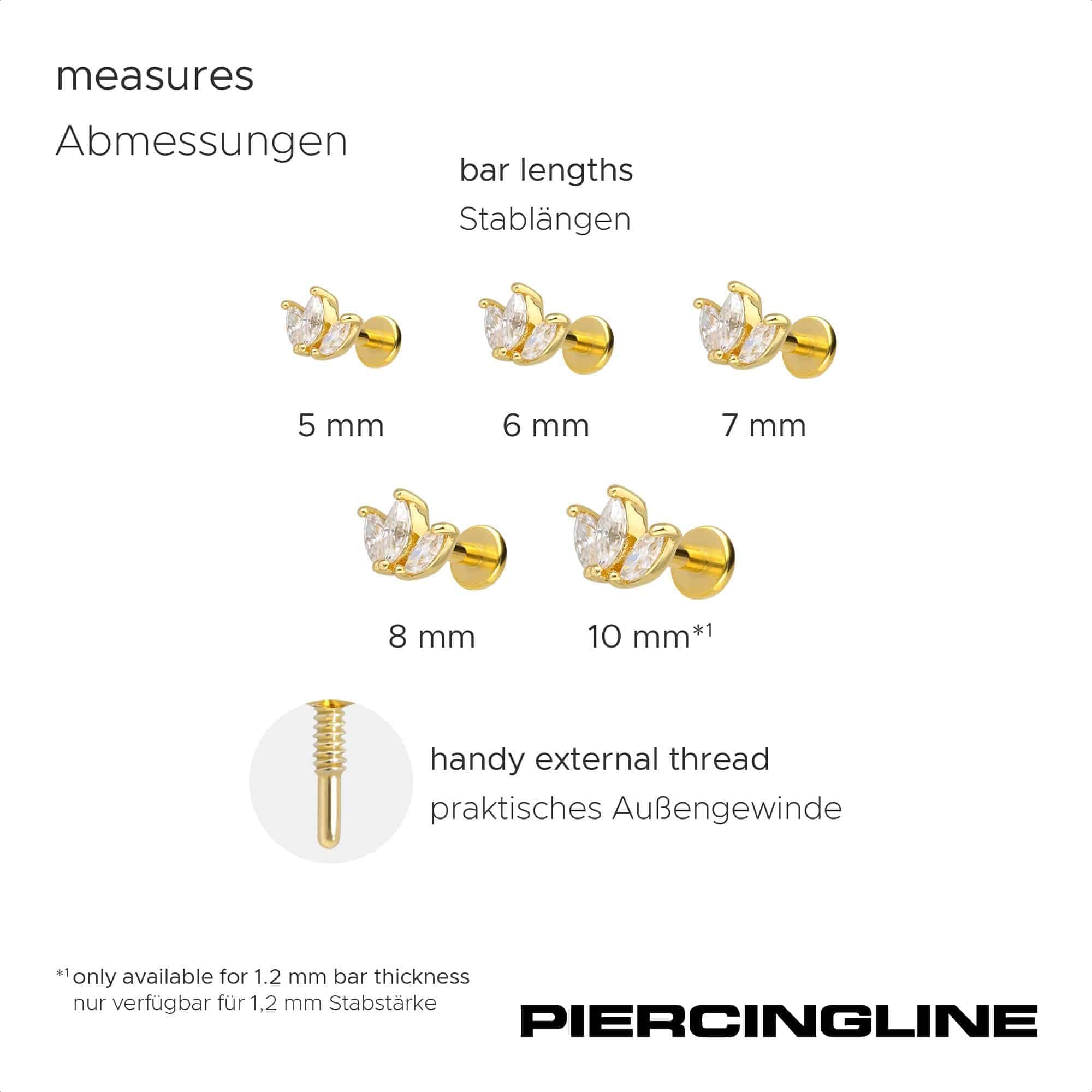 PIERCINGLINE Piercing Stecker Titan Labret mit Innengewinde + 925er Silber Aufsatz 3 MOISSANIT-TROPFEN - Goldfarben, Silberfarben