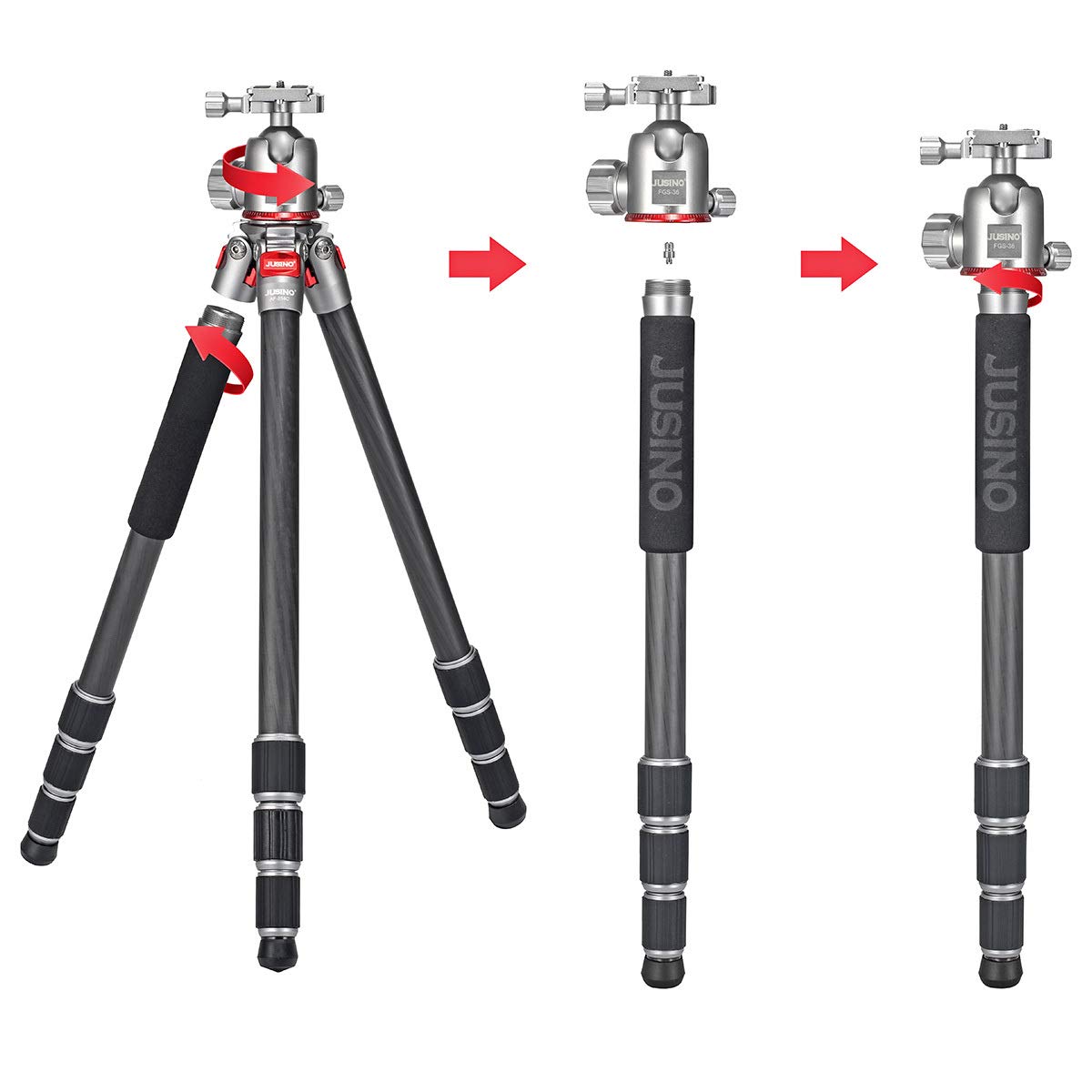 JUSINO Leichtes Karbon Fotostativ mit Kugelkopf Stativ bis 138cm/12kg AF-254C+FGS-36