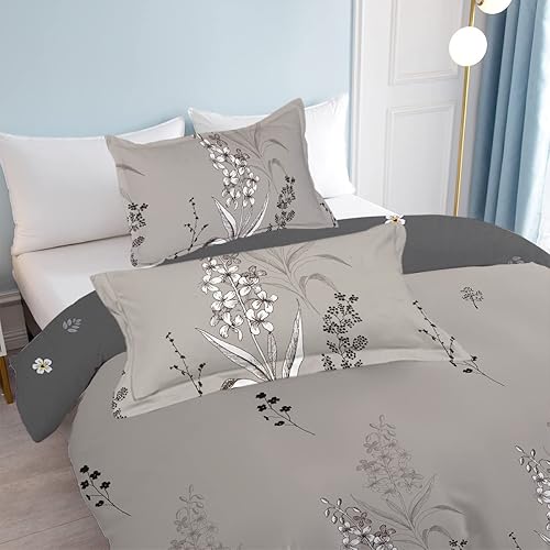 Miniatura 3 de Soulzzz - Juego de funda de edredón gris con flores, tamaño full, ropa de cama estética con flores, con florete y hoja, funda de edredón reversible
