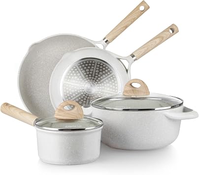 KASANOVA 6Pcs Pots and Pans set, Die-cast aluminum cookware, Kitchen Induction Pots and Pans cooking set, PFOA-free, GenX-free, Oven-safe casserole, Frying pans, Cream 6-Piece