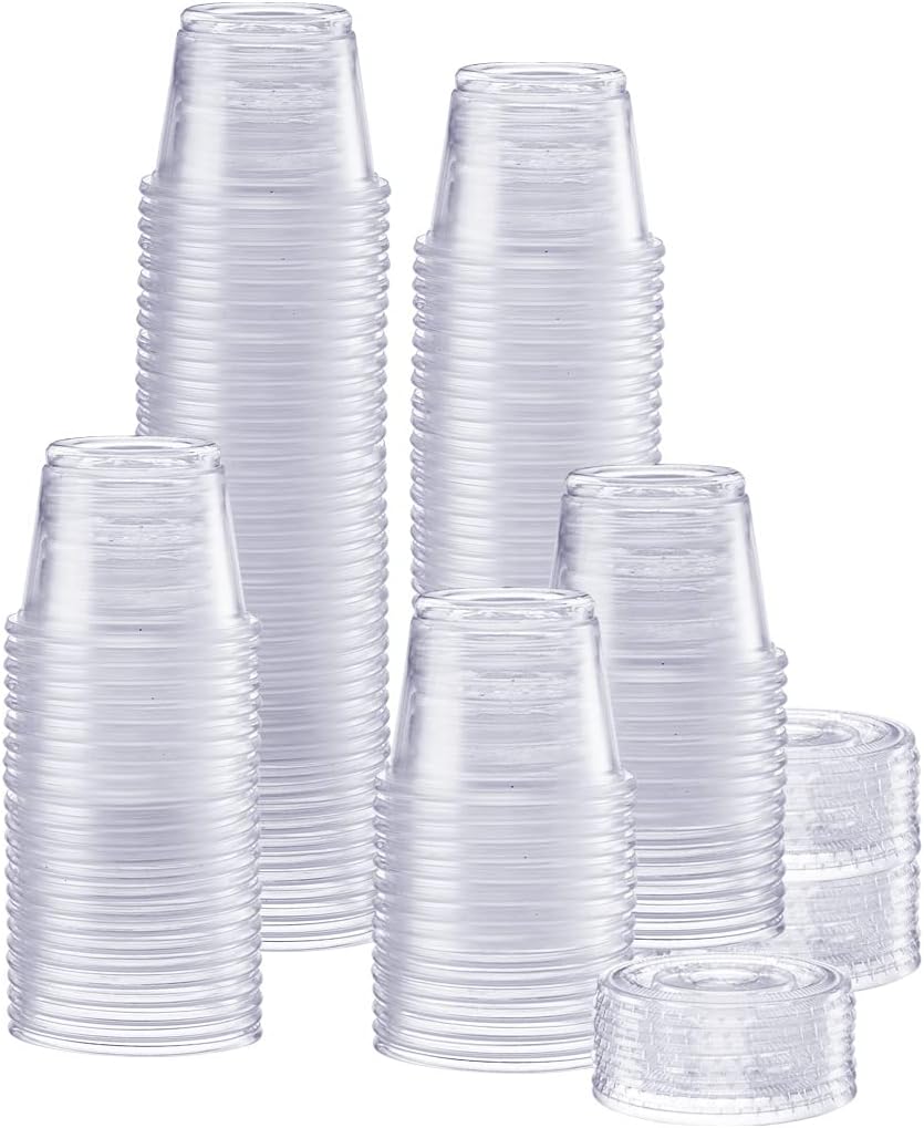 GUSTO [1 oz. - 200 Count Clear Disposable Plastic Portion Cups with Lids - Soufflé Cups, Jello Shot Cups With Lids, Clear Plastic Containers Perfect for salad Dressing and More