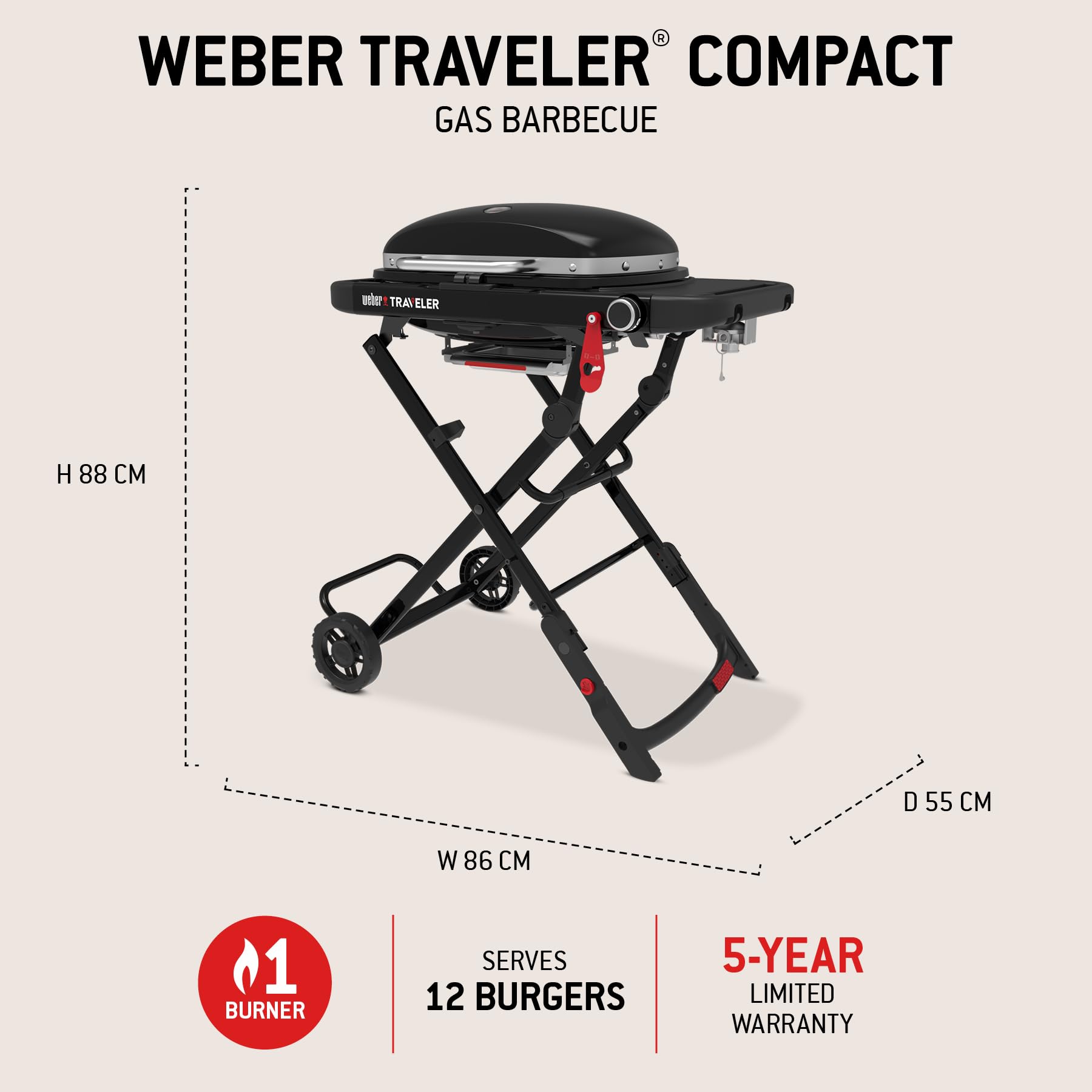 Weber Traveler Compact Gasgrill mit klappbarem Untergestell und Rädern