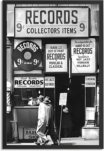 Arte de pared enmarcado en blanco y negro de lujo de moda, fotos de tienda de discos de música vintage para decoración de dormitorio femenino,