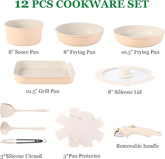12 PCS Kitchen Cookware Set with Detachable Handle, Pots and Pans Sets Non Stick, Induction Pan Set for RV Cookware,Oven Safe, PFOA Free(Hazelnut)