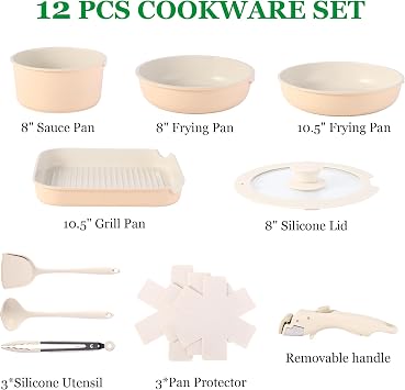 12 PCS Kitchen Cookware Set with Detachable Handle, Pots and Pans Sets Non Stick, Induction Pan Set for RV Cookware,Oven Safe, PFOA Free(Hazelnut)