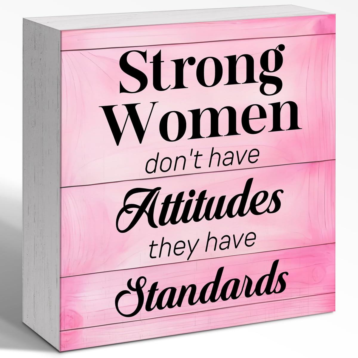 WUZYOU Strong Women Don't Have Attitude Wooden Block Sign 5x5x1 INCH, Feminist Wall Decor with Empowerment Quote, Motivational Plaque for Office Desk