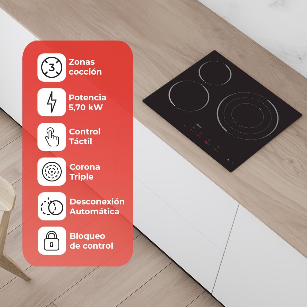Nilson Placa Vitrocerámica Cristal Negro NV3600. Potencia máx. 5700 W, 3 Zonas de Cocción, 9 Niveles de Cocción, Control Táctil, Bloqueo y Autodesconexión de Seguridad