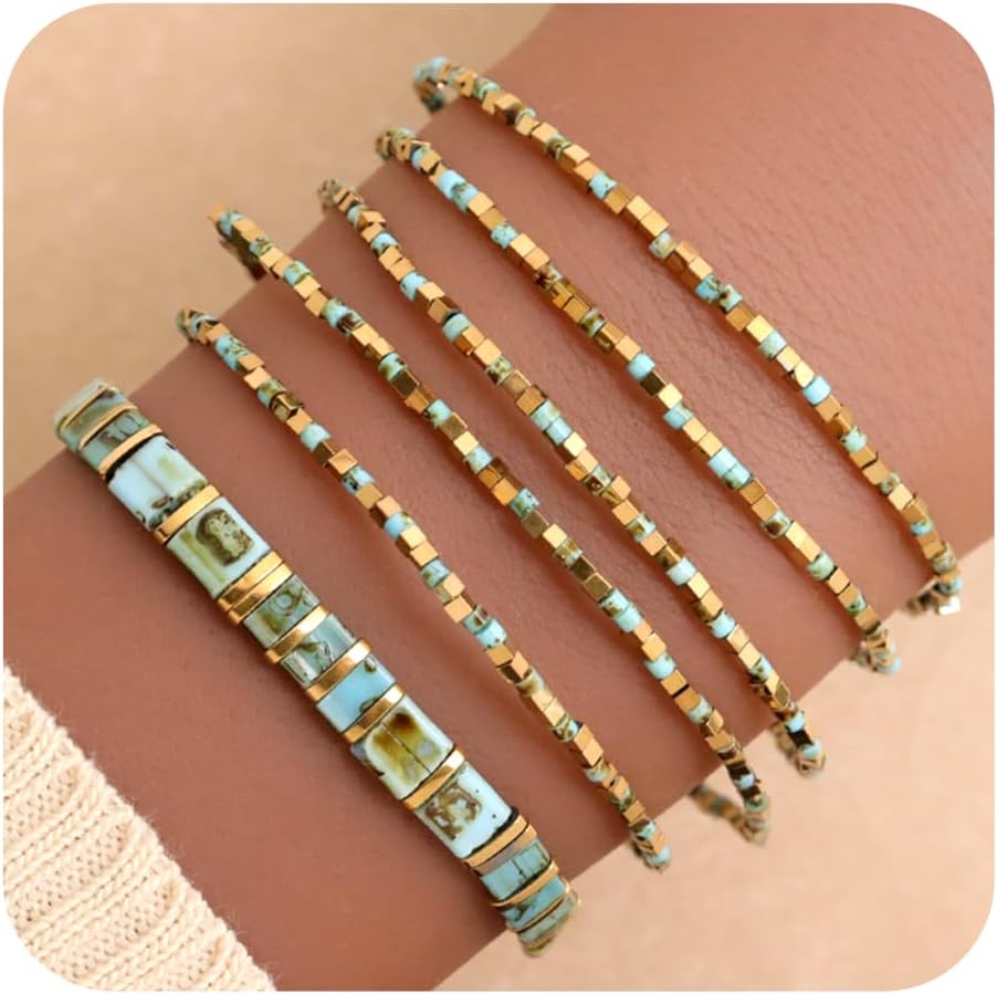 Gold Green Turquoise Yellow Tan Red Pink Black Tila Small Beaded Stack Bracelets Set for Women, Boho Handmade Flat Beads Bracelet Holiday Prom Accessories Jewelry Gift