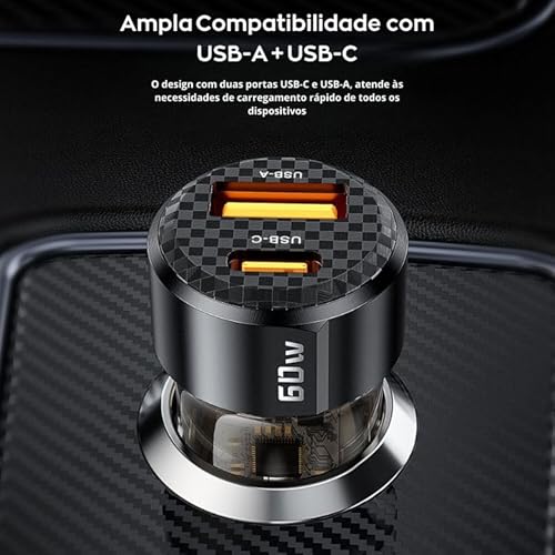 Carregador Veicular Toocki 60W Dual Port com USB-A e USB-C - Carregamento Ultra Rápido e Eficiente