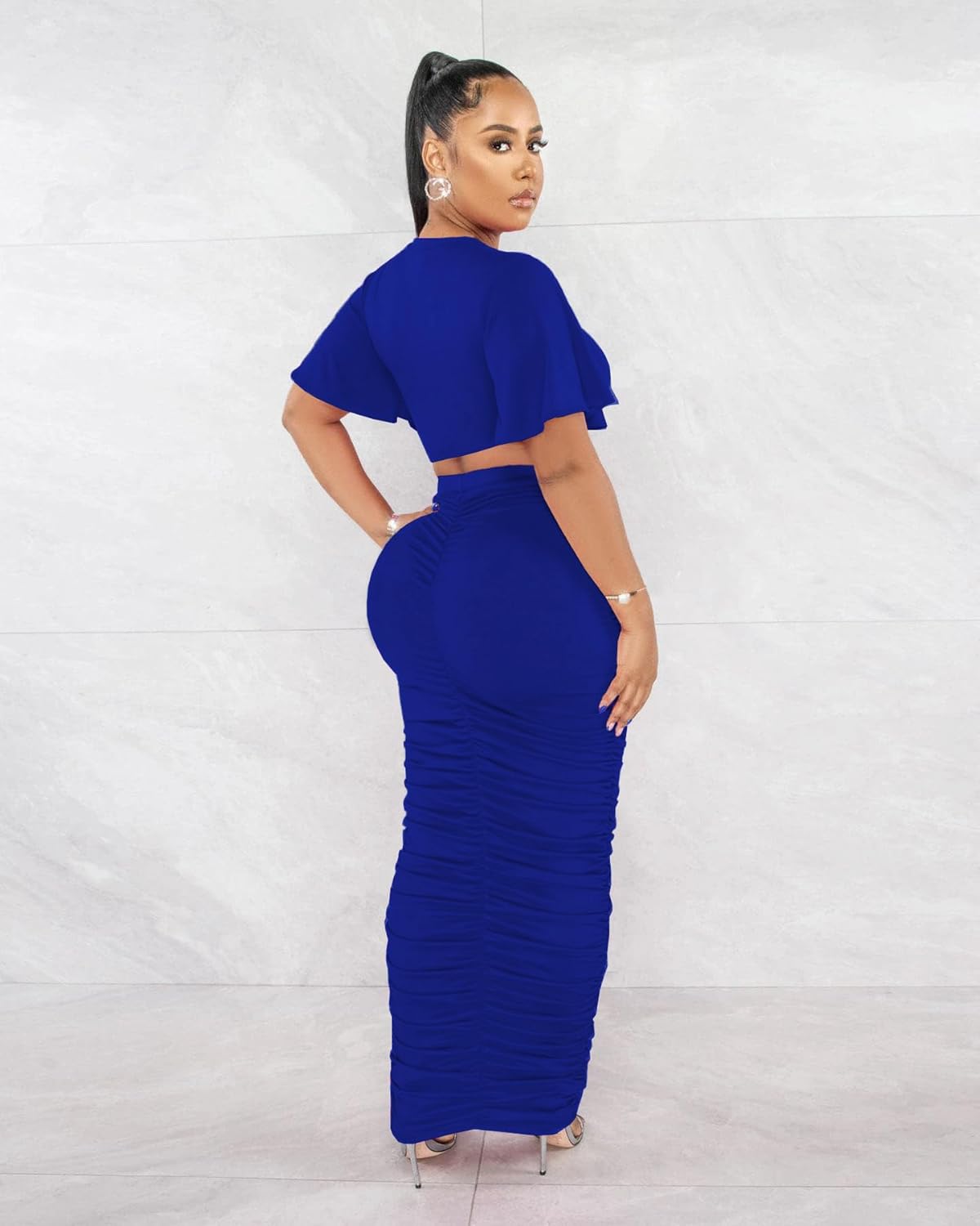 Women's 2 Piece Outfits Flare Sleeve Crop Tops Sexy Bodycon Jumpsuits Maxi Dresses Midi Ruched Skirt Sets - Image 3