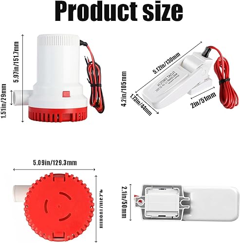 Miniatura 2 de Bomba de sentina de 2000 GPH con interruptor de flotador y kit de manguera de 1-18 pulgadas, bomba totalmente sumergible, interruptor automático de