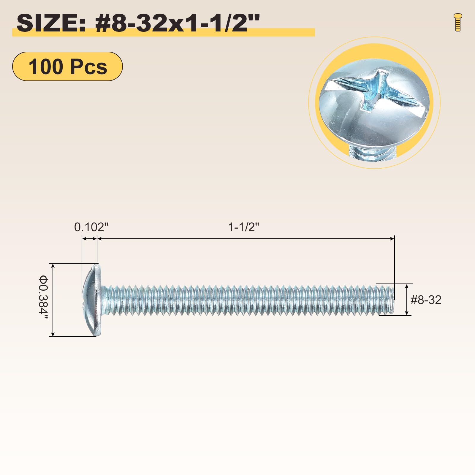 METALLIXITY Machine Screws Phillips Combo Head(#8-32x1-1/2") 100Pcs, Carbon Steel Round Head Cross Drive Furniture Bolts - Image 2