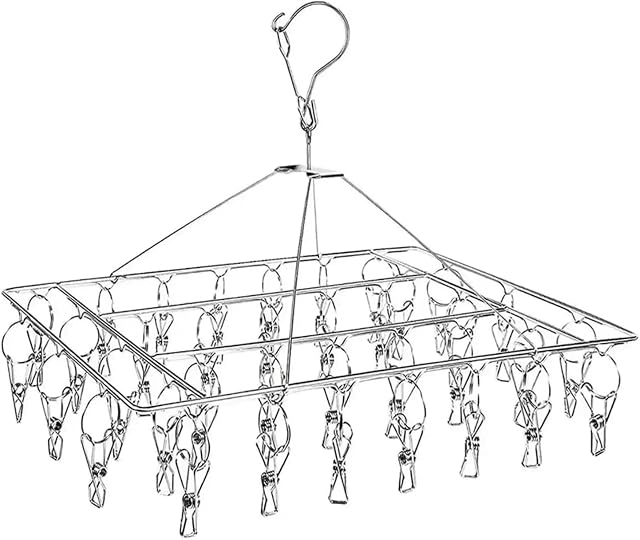 BARGAIN FACTORY Metal Sock Hanger Dryer Heavy Duty with 36pcs Pegs and Swivel Hook, Windproof Laundry Metal Square Hanger for Socks, Underwear and Small Items.