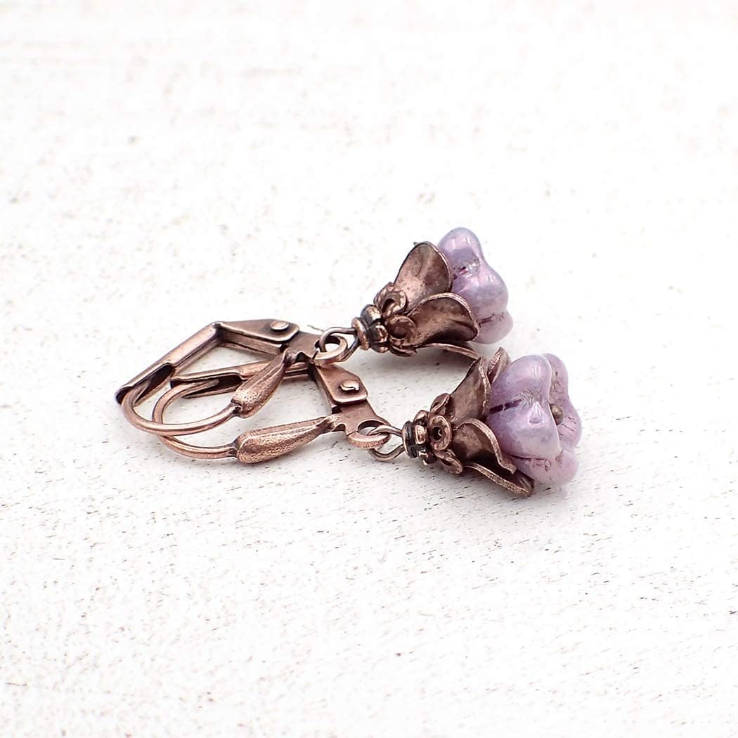 Small Flower Dangle Earrings with Lavender Czech Glass and Antiqued Copper-Plated Brass