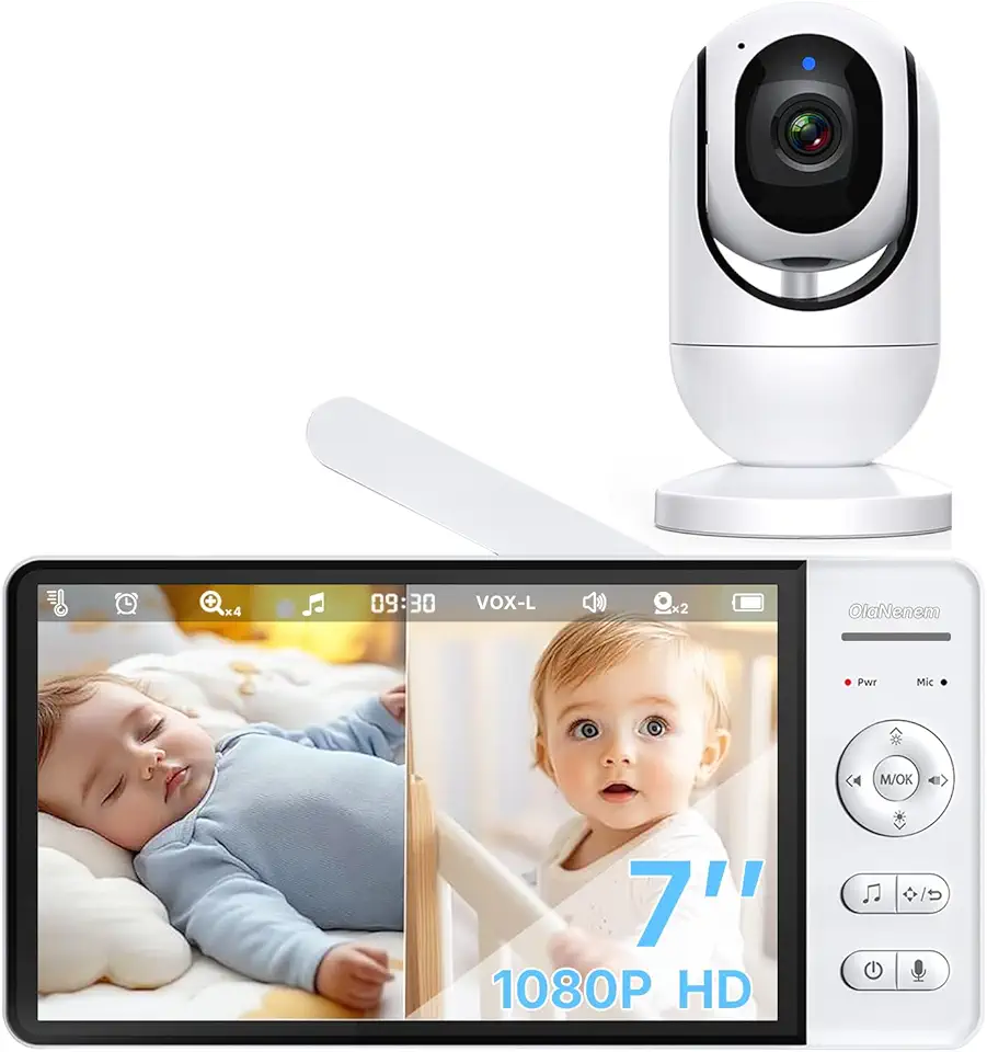 Babá Eletrônica OLANENEM, Tela IPS 7", HD 1080p, Visão Noturna, Alcance 300m, Comunicação Bidirecional, Bateria 5000mAh, Sem WiFi, Cartão SD até 32GB