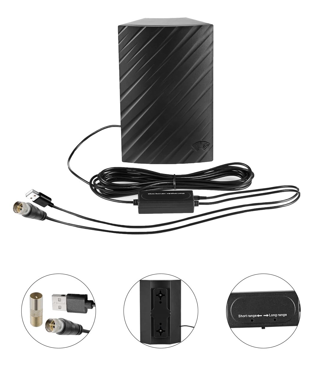 Vecys Antena de TV para Smart TV Antena de Digital Interior de 25dBi con Amplificador USB Antena DVB-T2 Doméstica de 500 Millas Soporte de Cable Coaxial RG174 5m/16.4ft Compatible con 4K 720p 1080p