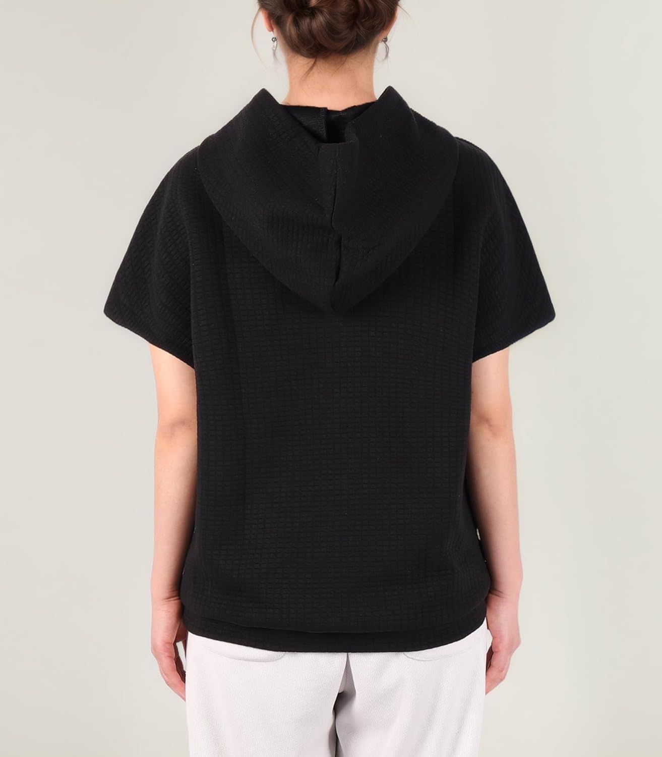 Womens Hoodies Casual Short Sleeve Drawstring Waffle Pullover Tops Loose Sweatshirt with Pocket - Image 5