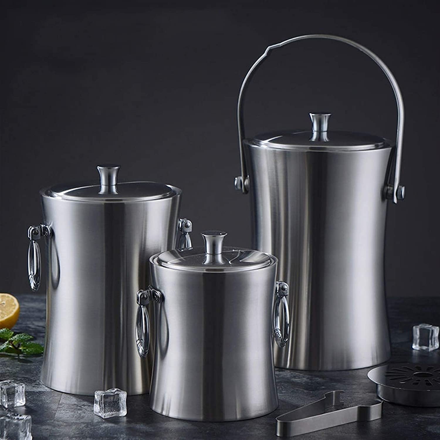 Juego de Cubos de Hielo y Pinzas para Hielo Cubos Enfriadores Soportes Cubo de Hielo de Acero Inoxidable de Doble Pared Gruesa con Aislamiento para Barra de Vino Tinto Barriles de champán fríos