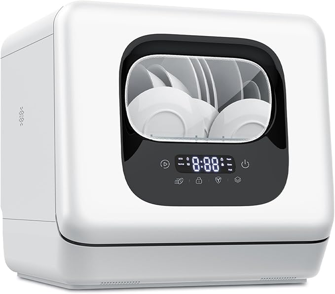 Joy Pebble Countertop Dishwasher, 28 Pieces Dishes/Cycle, 6 Washing Programs&Hot Drying, Dish Washer with 360°Dual Spray, with Child Lock&Delayed Start, Portable Dishwasher for Apartment/RV/Dorm