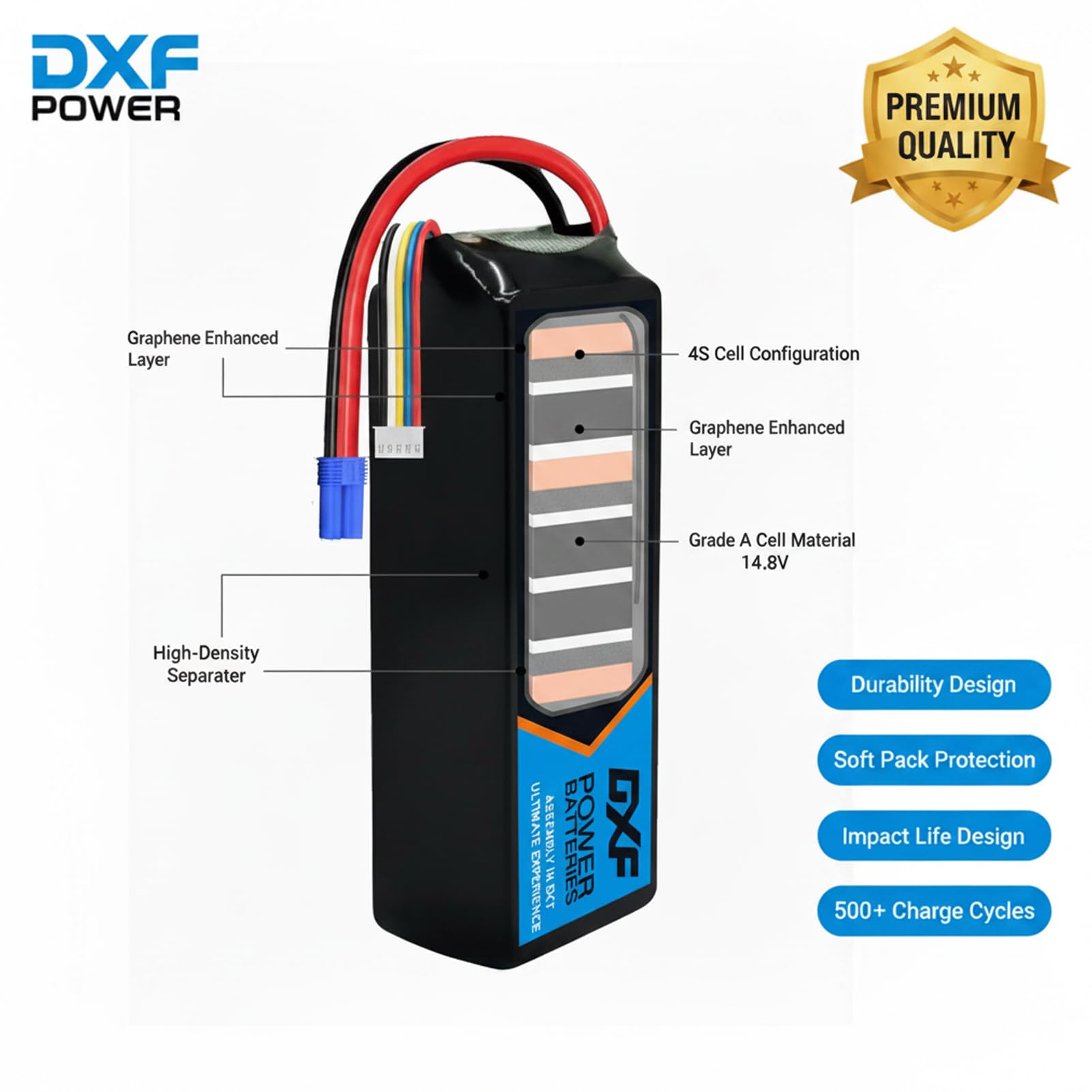 DXF Batteria LiPo 4S 14.8V 5200mAh 80C Custodia Morbida Spina EC5 Compatibile Auto RC 1/8 1/10 Veicoli Elettrici Leggera Alta Capacità Lunga Durata 2 Pezzi