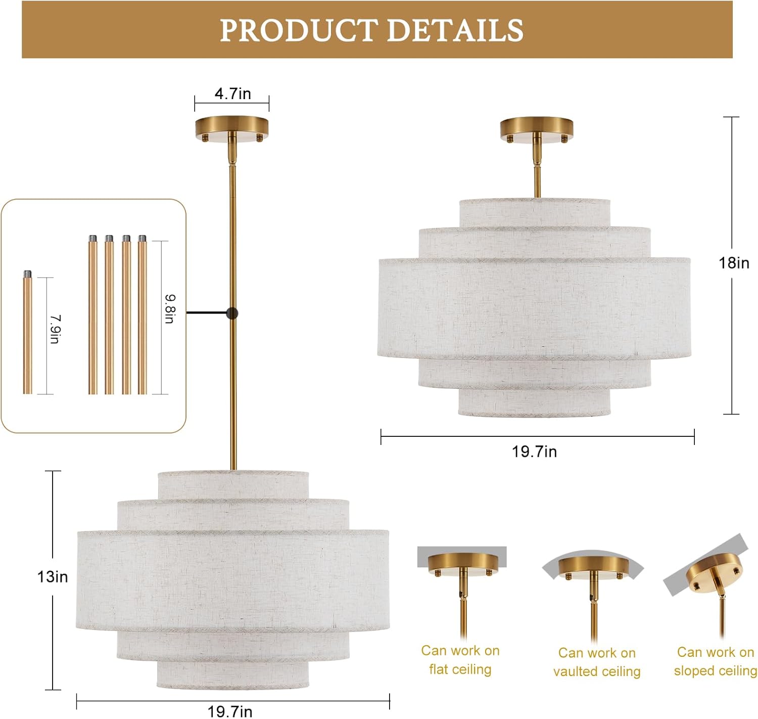 Modern Drum Chandelier Vintage Modern Chandelier Light Fixture with Linen Shade Farmhouse Gold Drum Chandeliers for Dining Room, Kitchen Island, Living Room, Bedroom
