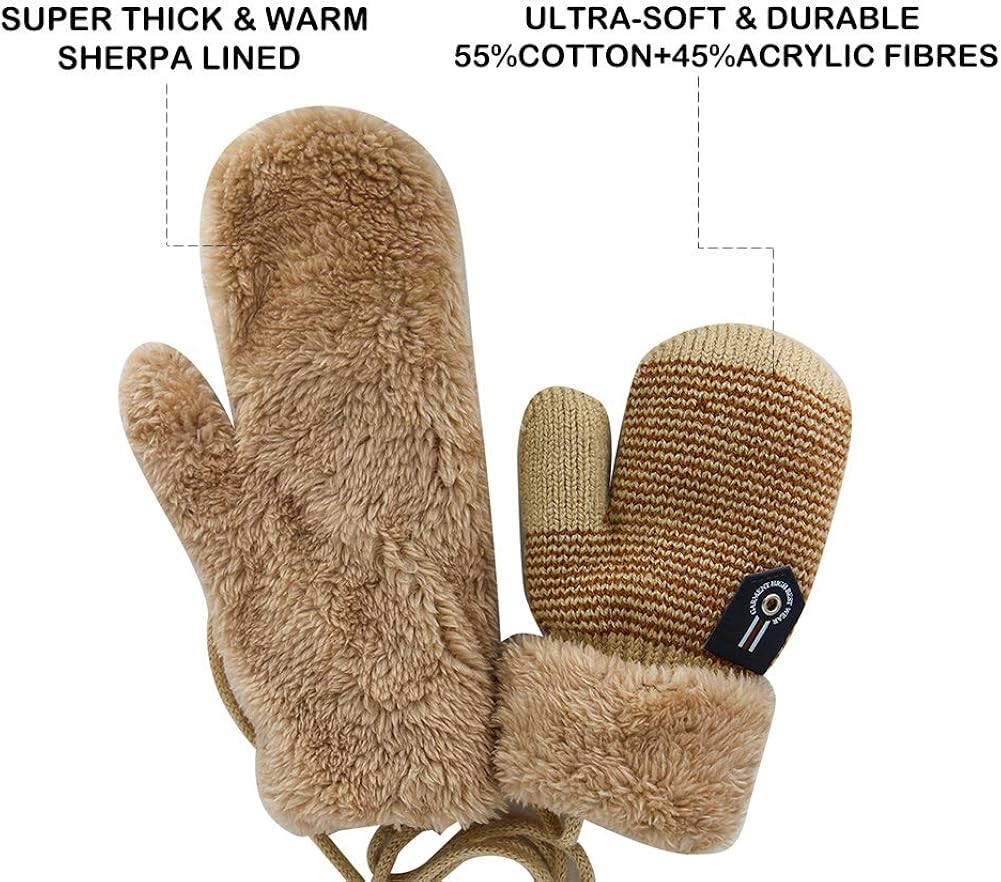 ORVINNER 3 Pairs Baby Boys Girls Winter Sherpa Lined Mittens Toddler Kids Warm Knit Gloves with String (Navy stripe/Beige stripe/Black stripe): Clothing