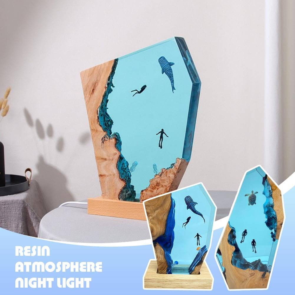 Lampada notturna subacquea in resina fatta a mano, design creativo in legno epossidico, squalo marino profondo e subacqueo, LED per decorazione da scrivania, per gli amanti dell'oceano