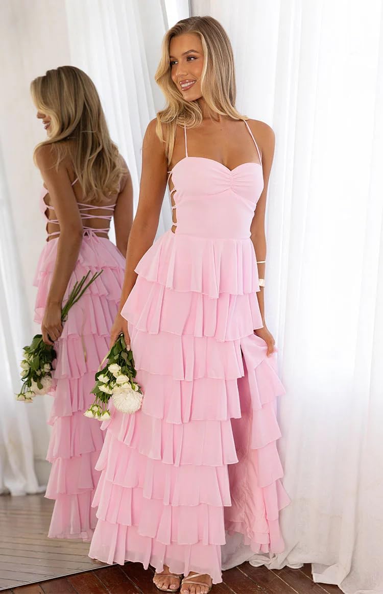 Tiered Bridesmaid Dresses with Slit Chiffon Prom Dress for Teens Ruffles Spaghetti Straps Party Formal Dress