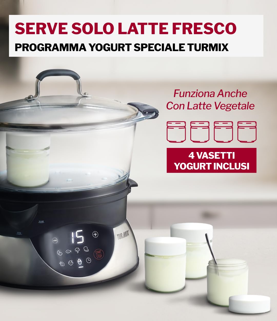 Turmix Steamer CX 220 – Vaporiera con pentola da 5,2 L con contenitori in vetro e display digitale, comando touch, funzione di mantenimento in caldo, avvio ritardato, programma yogurt, ingresso acqua