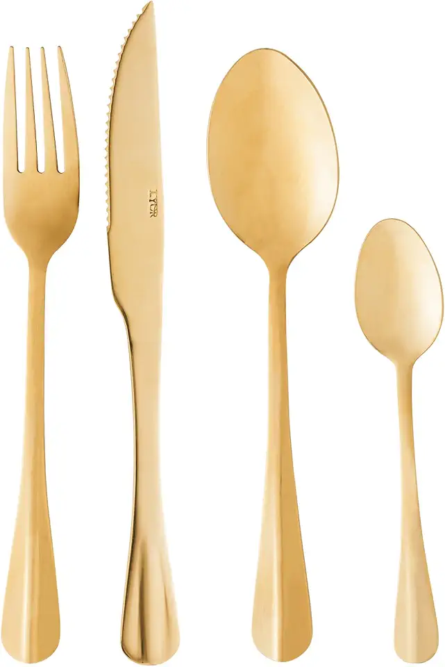 LYOR - Faqueiro de Aço Inox Positano Dourado 24 Peças - Jogos de Talheres - Mesa Posta - Utensílios de Cozinha, Enxoval, Casamento, Decoração