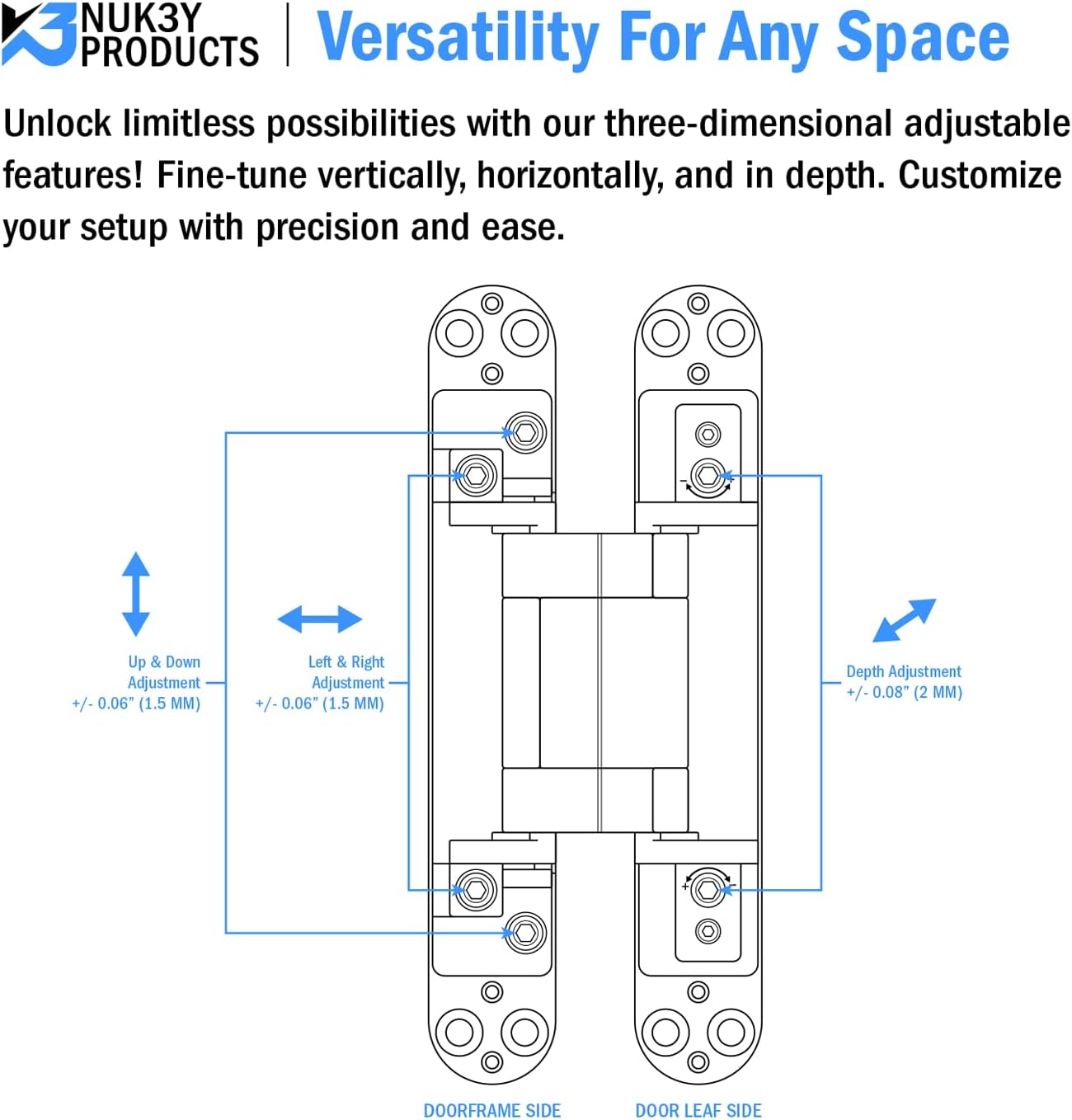 Nuk3y Hidden Invisible Concealed Door Hinges 180 Degree Swing 3 Way Adjustable (Black, 6 Inch (1 Pair))