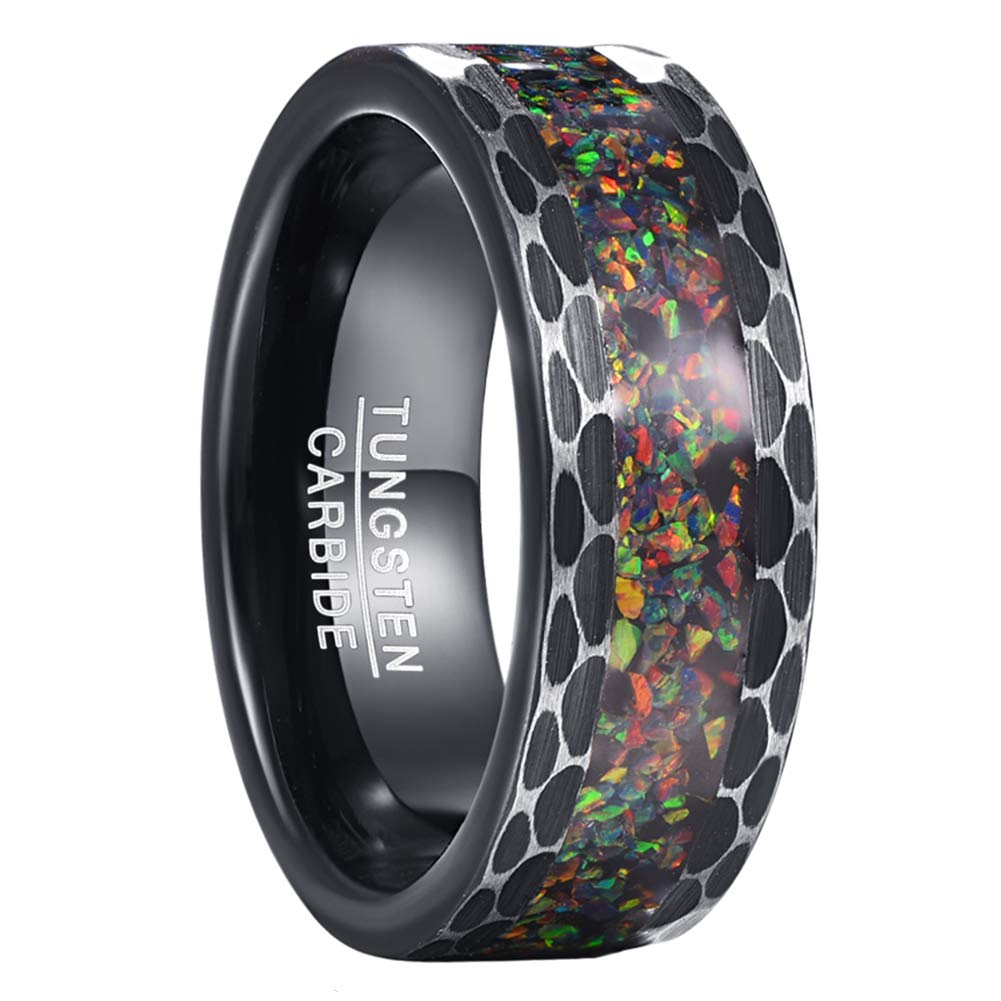 NUNCADRings for Men Black Opal inlay Tungsten Carbide Wedding Engagement Band Hammered Edge Comfort Fit Size O to Y