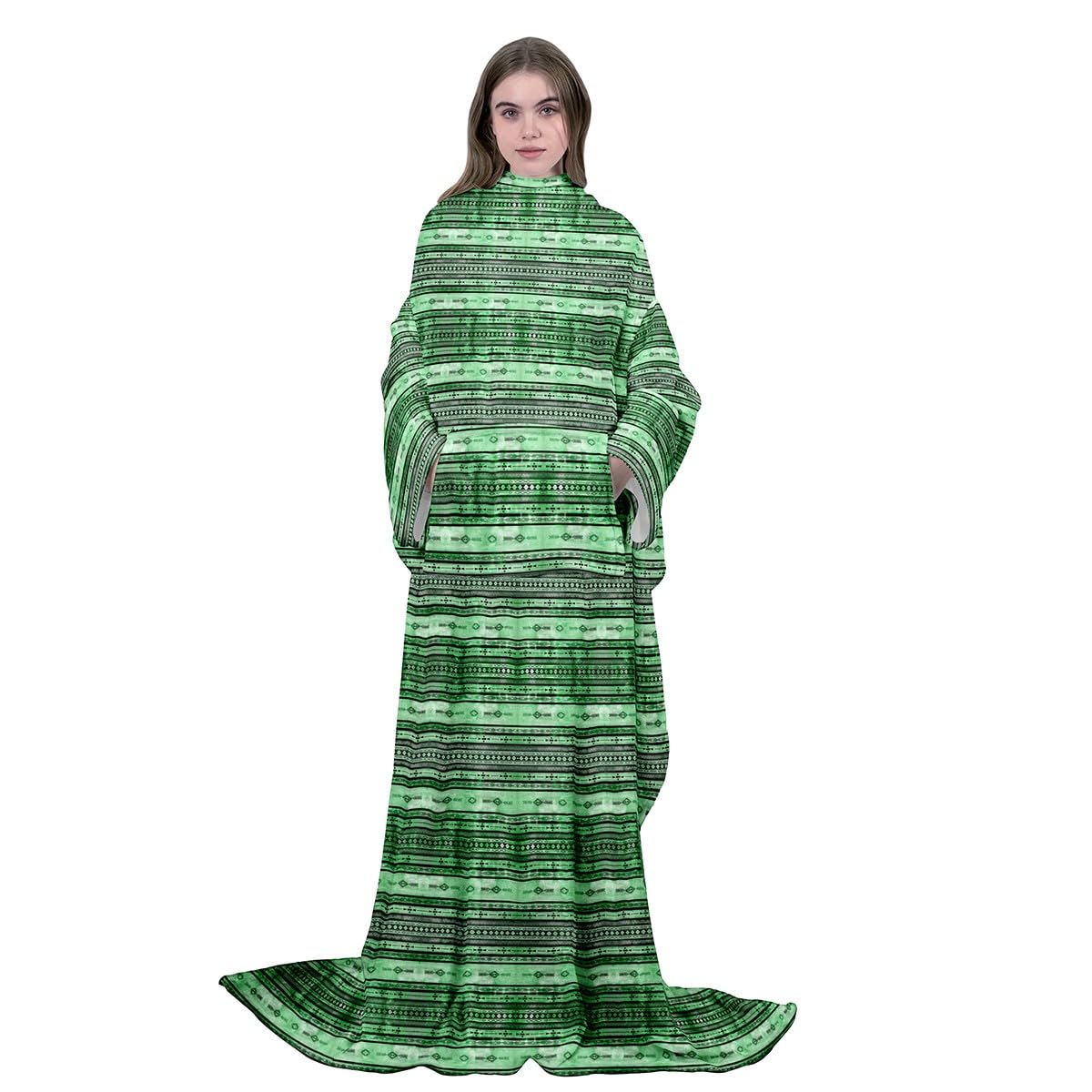 Homemissing Manta de forro polar del suroeste con bolsillo de mangas de 50 x 50 pulgadas, manta geométrica de forro polar con mangas para manta tribal, diseño nativo americano, manta de felpa verde y
