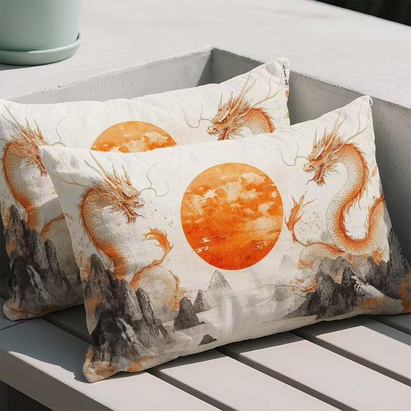 Housse de coussin orange exté​rieur imperméable 70x90cm dragon