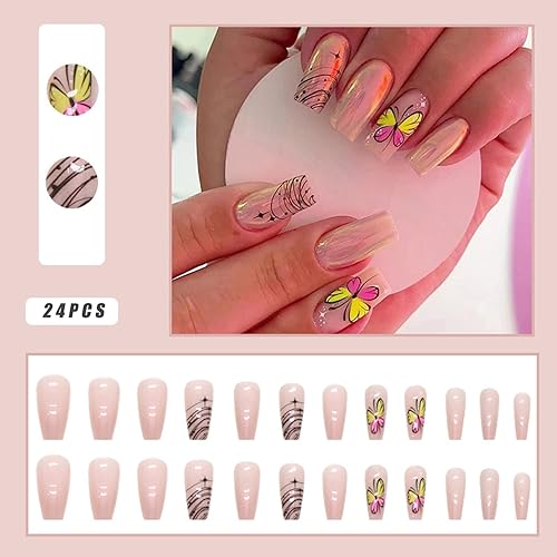 Miniatura 2 de Uñas postizas largas a presión tipo ataúd, uñas postizas brillantes, cobertura completa, diseño de mariposa, uñas adhesivas, uñas acrílicas, uñas