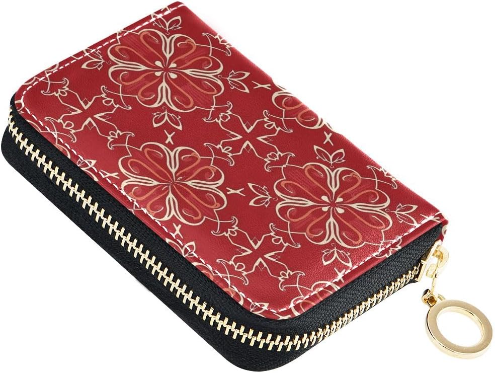 Credit Card Holder Wallet for Women RFID Blocking Zipper Card Cases Paisley Boho Red Leather Slim Small