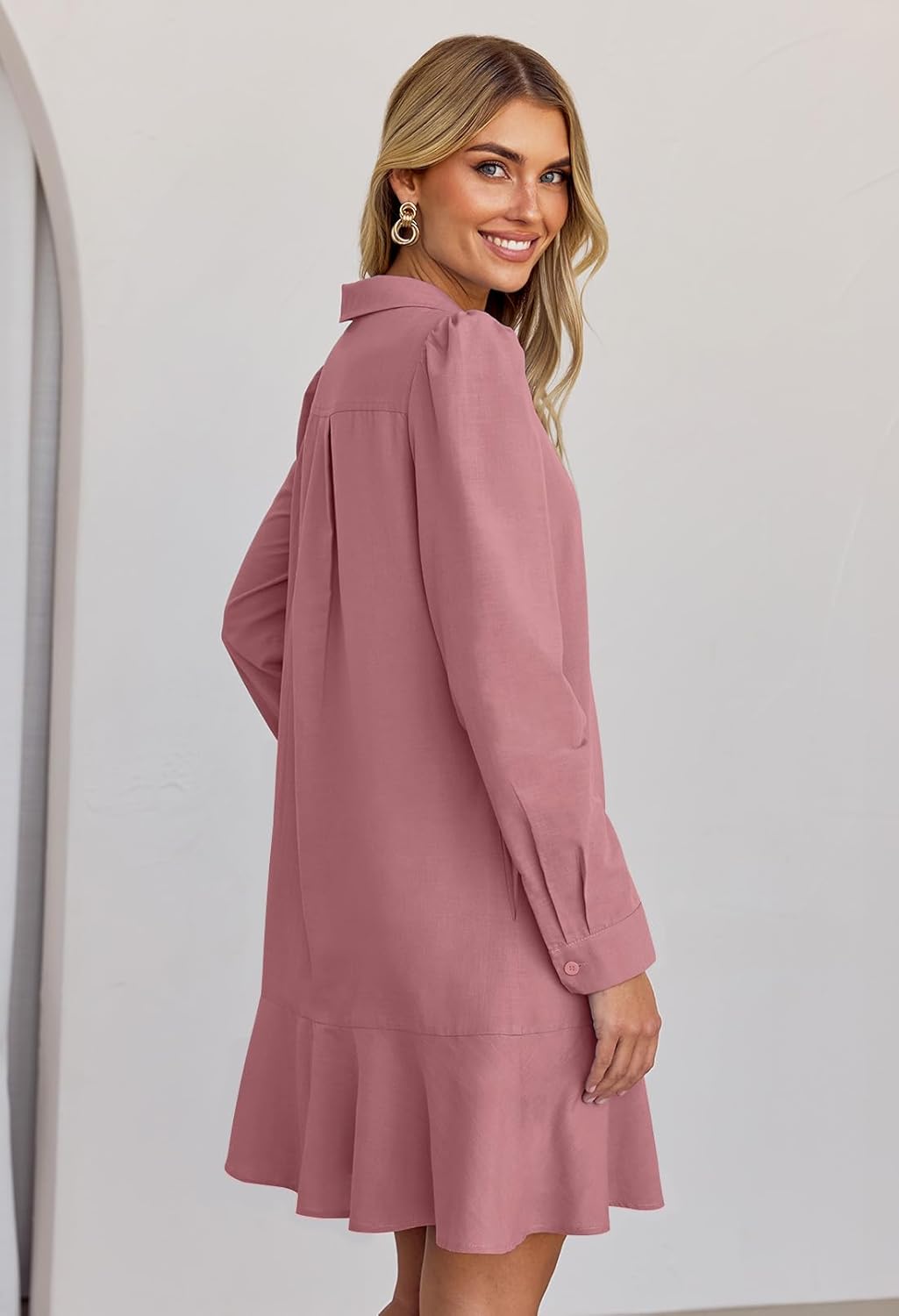 MEROKEETY Women's Casual Shirt Dress Long Sleeve Button Down Ruffle Flowy Tunic Shift Mini Dresses - Image 3