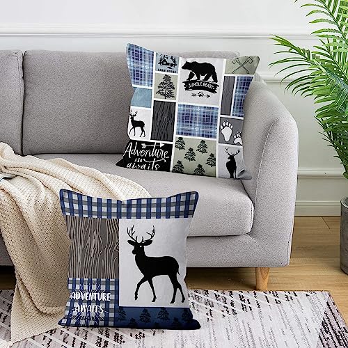 Rustic Cabin Pillow Covers 18X18 Set Of 2, Bear Moose Deer Outdoor Throw Pillow Covers Navy Blue Lodge Pillowcase Accent Western Decor Cushion Case For Home Living Room Bedroom #TOP1