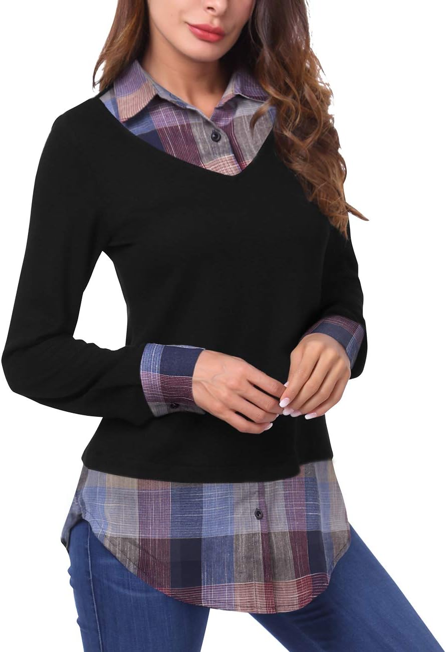 DJT Women's Contrast Plaid Collar 2 in 1 Blouse Tunic Tops