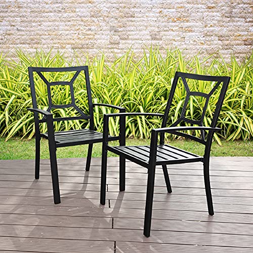 Phi Villa 2 Pcs Metal Patio Outdoor Dining Chairs With Armrest, 2 Pack Stackable Wrought Iron Bistro Chairs, Portable Chairs Set Of 2 For Garden Backyard Poolside, Supports 300 Lbs, Black #TOP7
