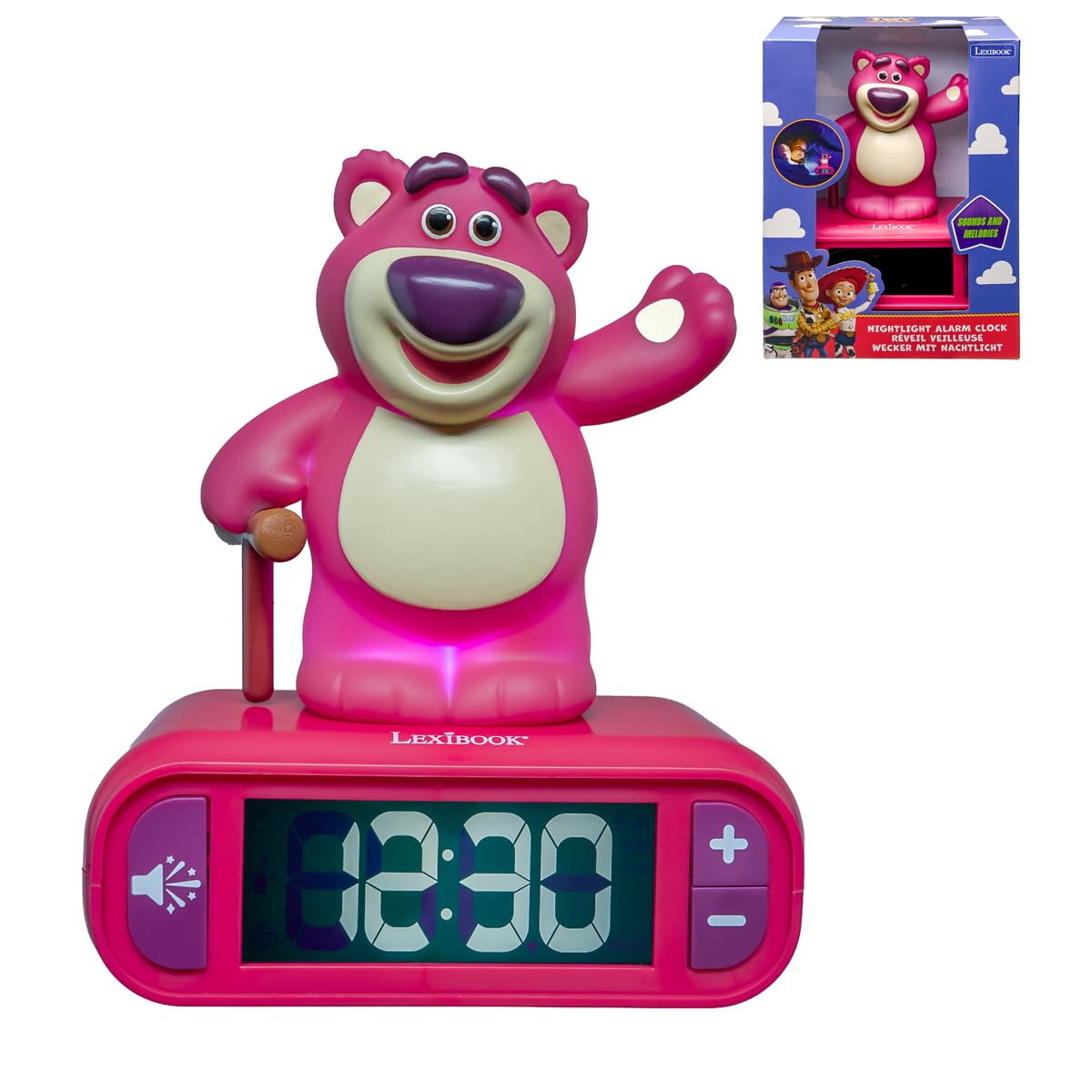 Lexibook, Disney Toy Story, Budzik nocna lampka Lotso, Postać świecąca, Efekty dźwiękowe, Wybór alarmów, Podświetlany ekran LCD, Funkcja drzemki, Fioletowy, RL800TS1LXB