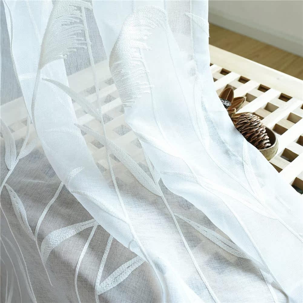 Nordic Rural Style Reeds Embroidered Transparents Panel Sheer Curtains Rod Pocket Gauze Drape for Living Kids Nursery Room Bedroom