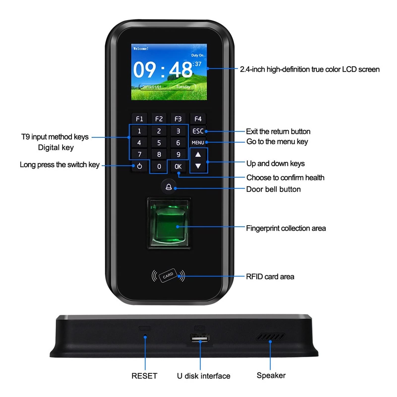 Horloge de pointage pour les petites entreprises, Rfid Système de contrôle d'accès Realand 2.4inch TCP / IP / RS485 Enregistreur d'enregistrement des employés de l'employé d'empreintes digitales biomé