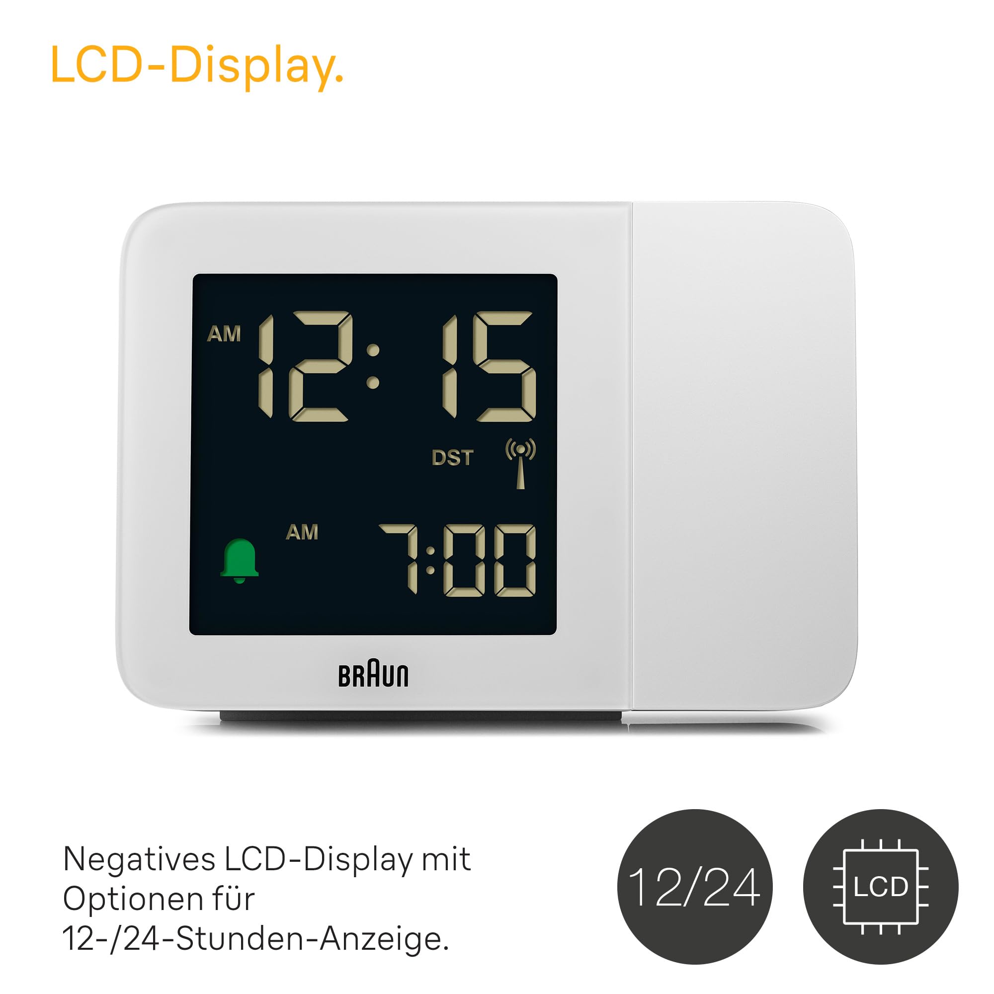 Braun Digitaler Funk-Projektionswecker für die mitteleuropäische Zeitzone (DCF) mit negativem LCD-Display, Schnelleinstellung und Alarm-Piepton in Weiß, BC15W-DCF.