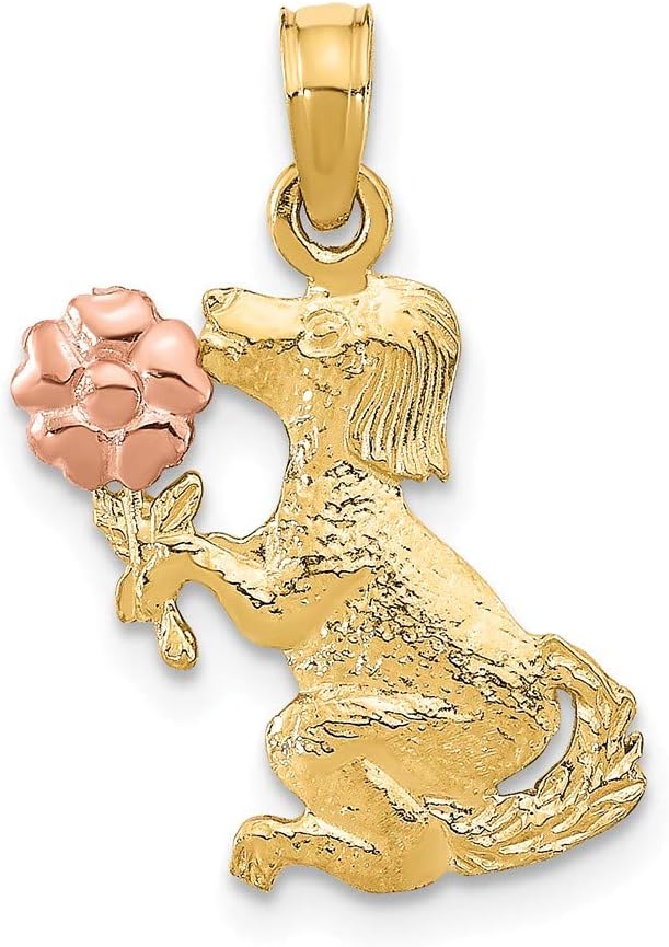 14k Two-tone Gold Dog Holding Flower Small Charm Pendant