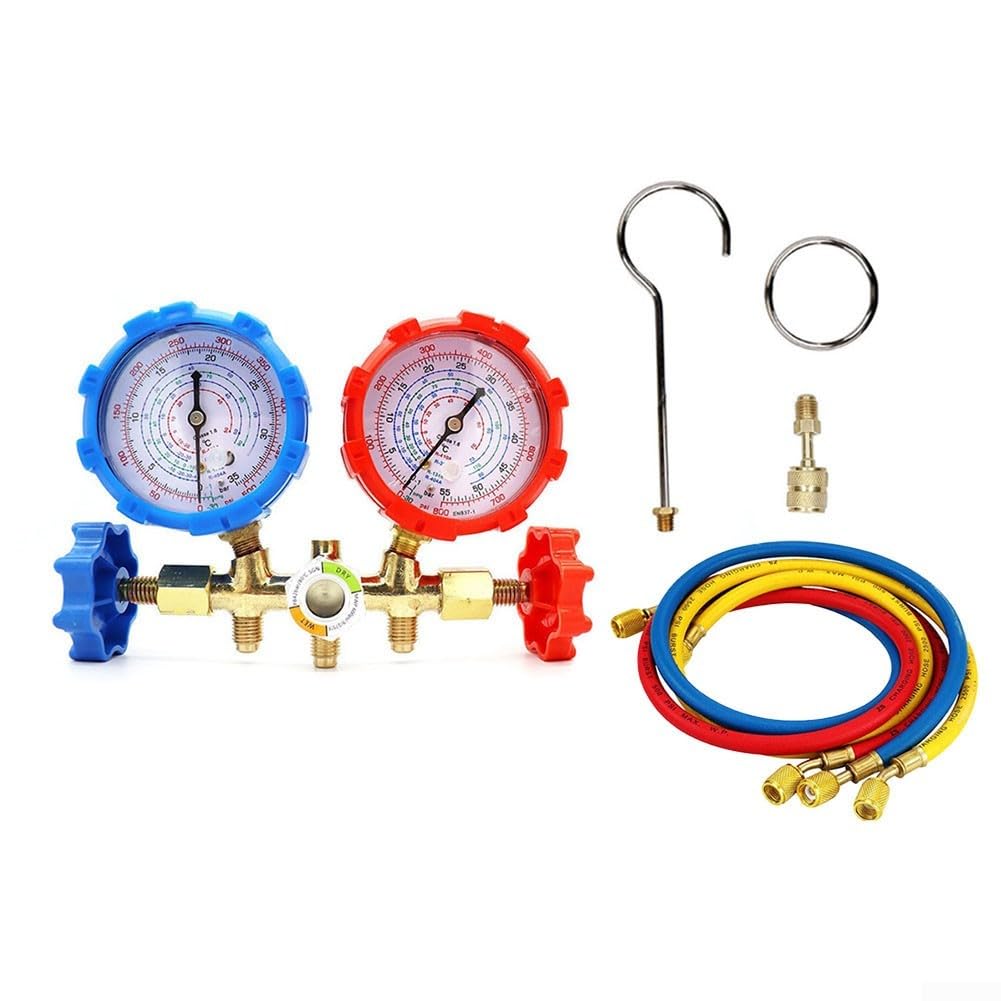 Complete Automotive and Home Air Conditioning Diagnostic Gauge Set, R12, R22, R404A, R134A Pressure Readings, 3 Hoses
