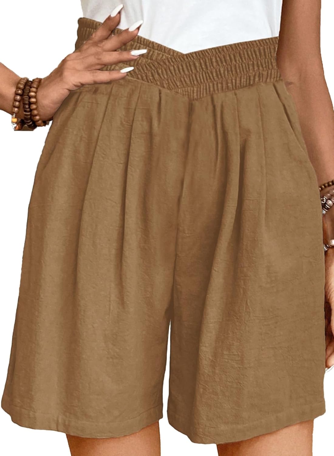 Eytino Womens Plus Size Smocked High Waist Summer Casual Solid Pocketed Shorts (1X-5X)