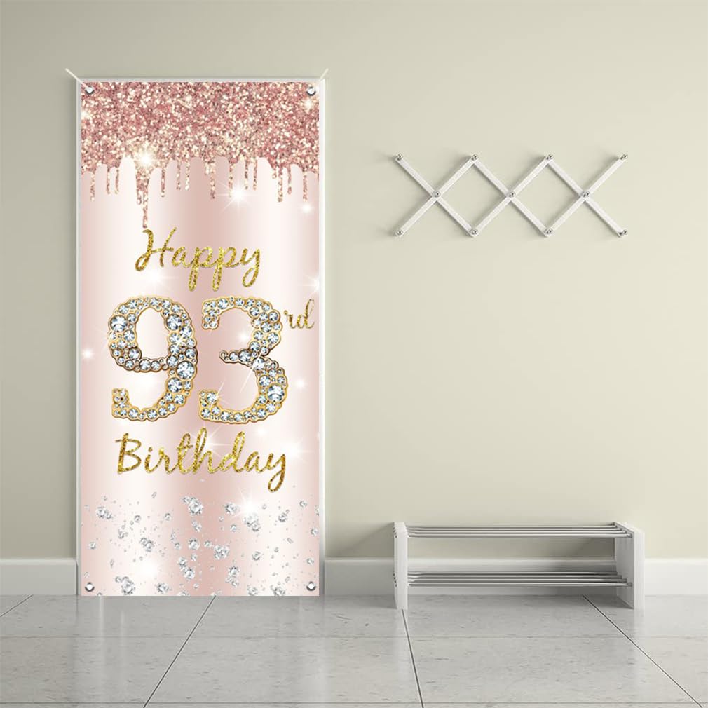 93. urodziny dekoracja damska, Happy 93rd Birthday Door Banner różowe złoto, 93. urodziny tkanina tabliczka plakat dekoracja drzwi, 93. urodziny tło baner damski, przyjęcie urodzinowe tabliczka