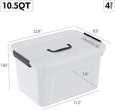 4 Pack 10.5 Quart Latching Storage Bin with Handle, Clear Latch Box