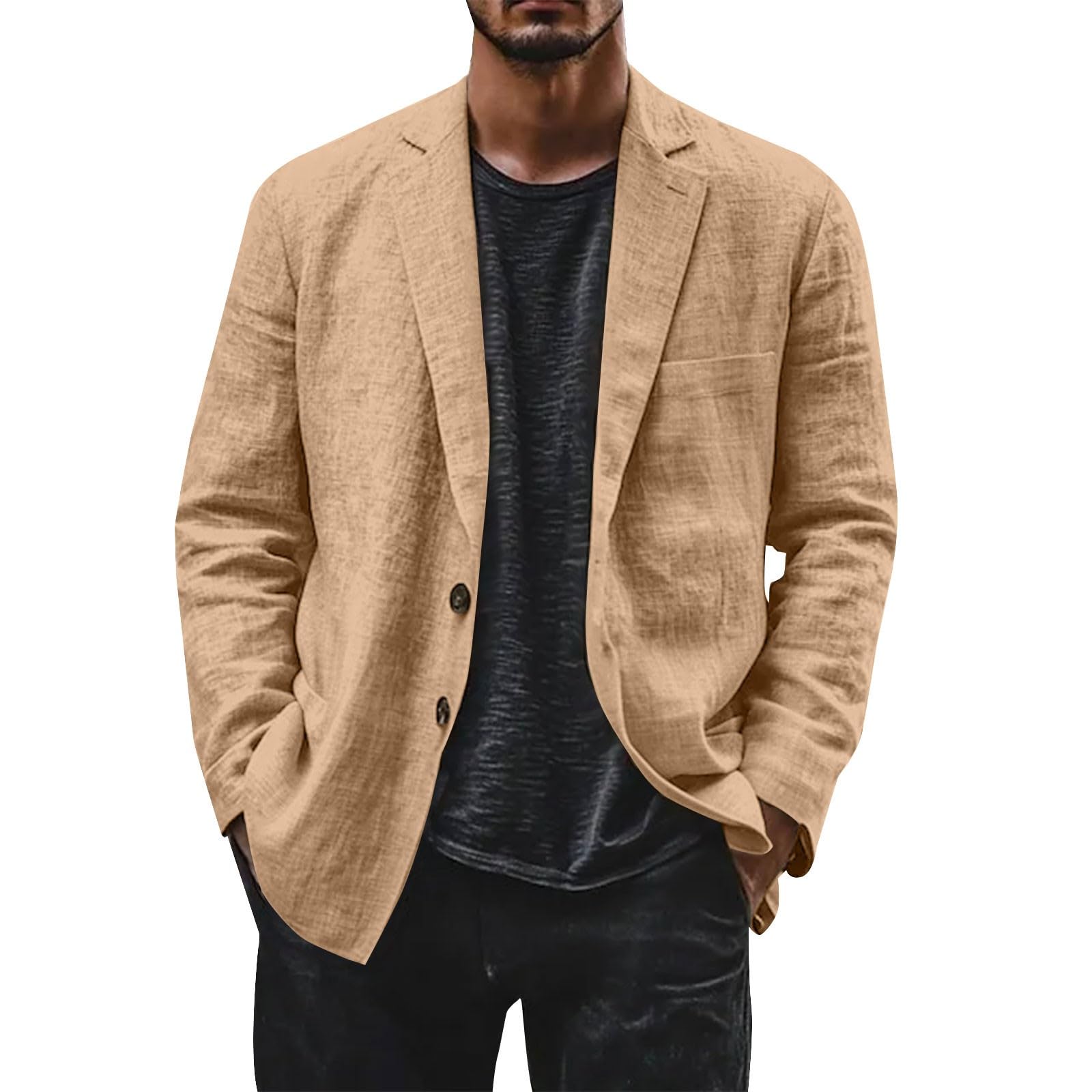 Blazer en lin pour homme - Veste de costume de loisirs légère à deux boutons - Coupe ample - Blazer de bureau - Couleur unie - Polyvalente - Veste de costume à revers cranté - Vestes avec poche